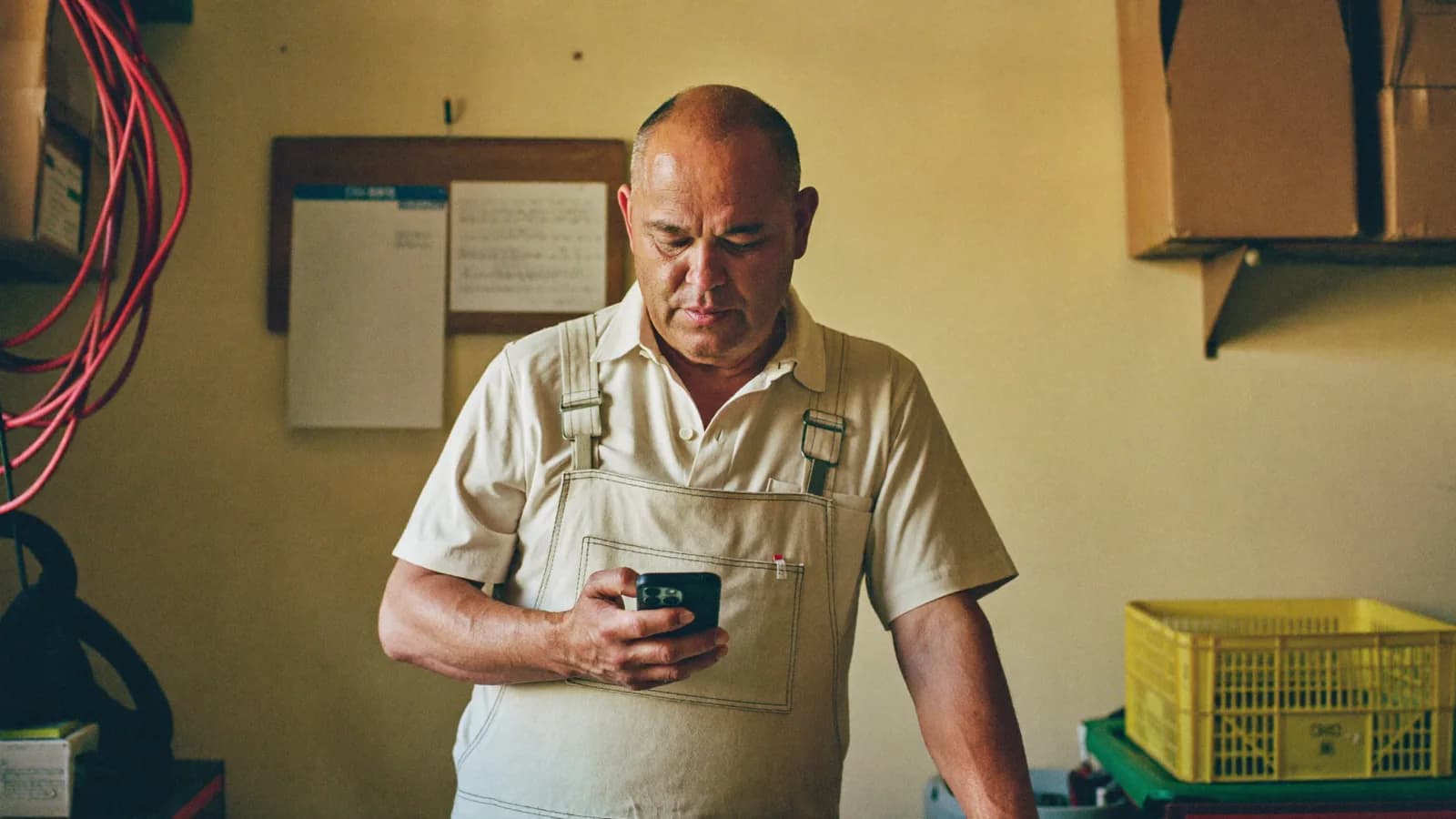 Un dueño de negocio, con delantal de trabajo, mira su teléfono en la trastienda de su local.