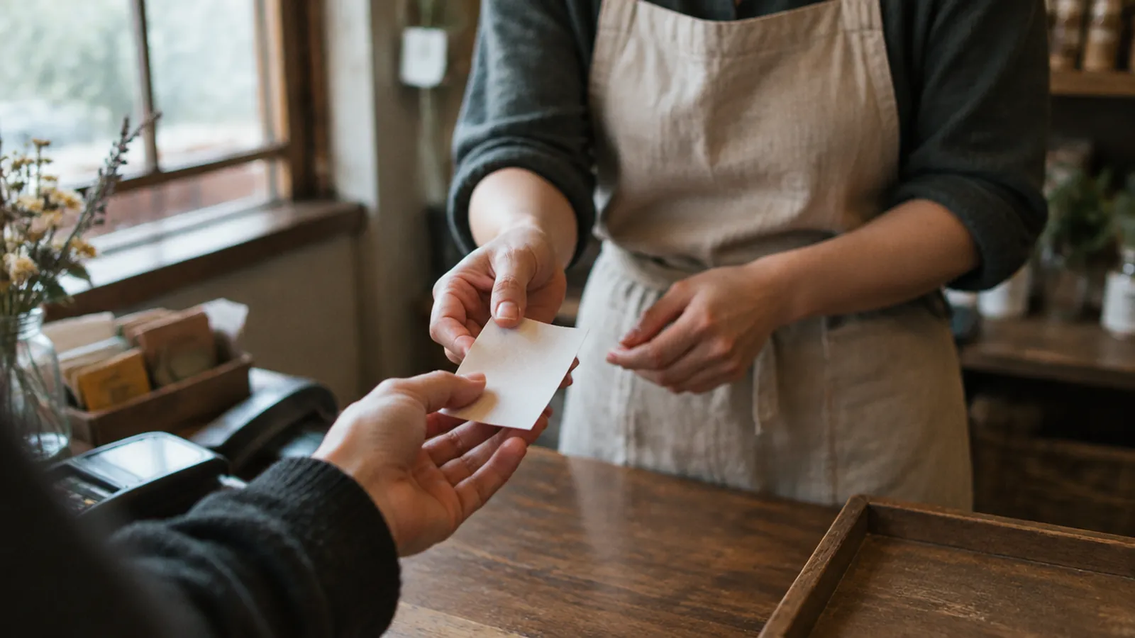 Un cliente y la dueña de un negocio junto al mostrador, ella le entrega el ticket.